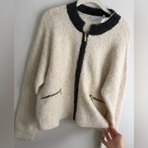 NY & Company Cream and Black Zip-Up Sweater